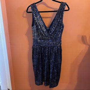 Badgley Mischka Navy Sequins Low-Cut V-Neck Cocktail Dress - Sized 10